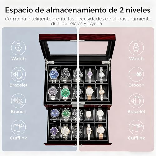 Thumbnail 3 de ANWBROAD 20 Compartimentos: Caja para Relojes con Cerradura, Tapa de Cristal y Dos Niveles (JWB002Y)