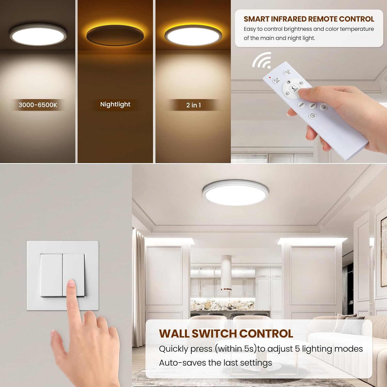Thumbnail 3 de Tyreses LED Deckenleuchte dimmbar 24W (2800 lm) mit Fernbedienung, 1800K Nachtlicht – für Schlafzimmer & Kinderzimmer, Ø30 cm