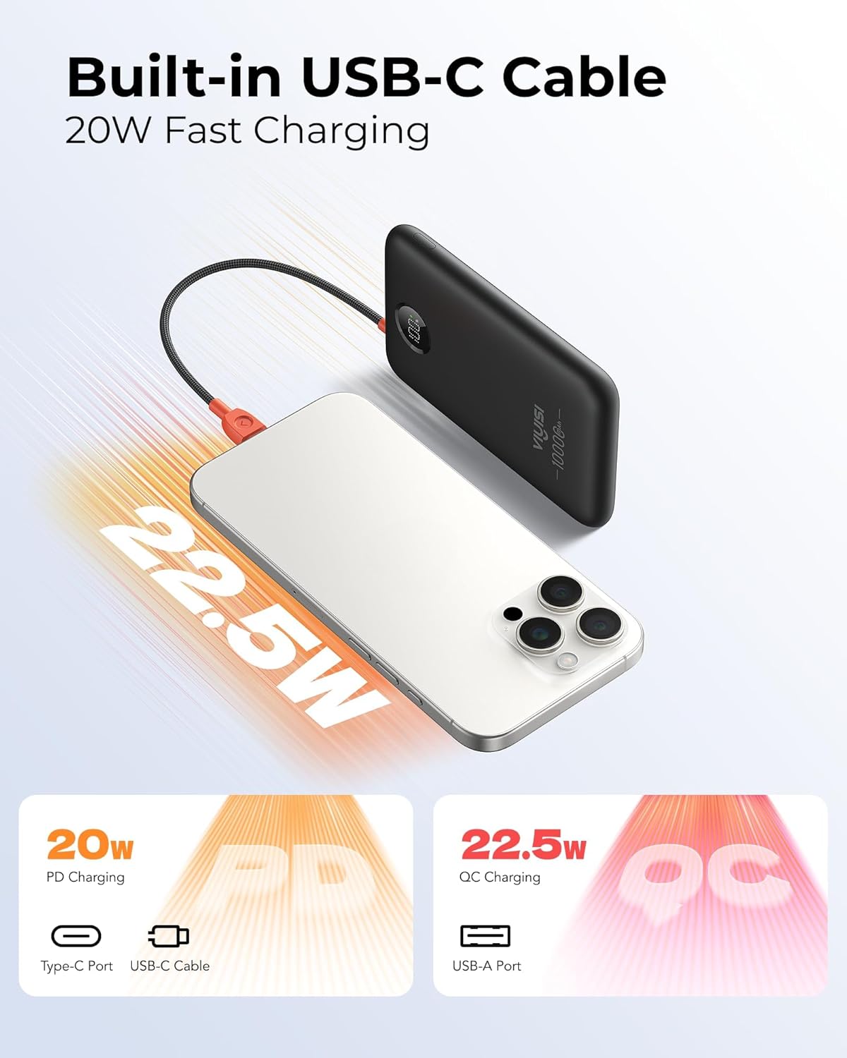 Detalle 2 de VIYISI Ultra-Slim 10000mAh Power Bank with 22.5W PD Fast Charge and Built-In USB-C Cable