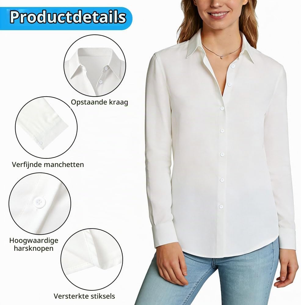 Detalle de BSBUY damesblouse met lange mouwen, wit, stretch en knoopsluiting