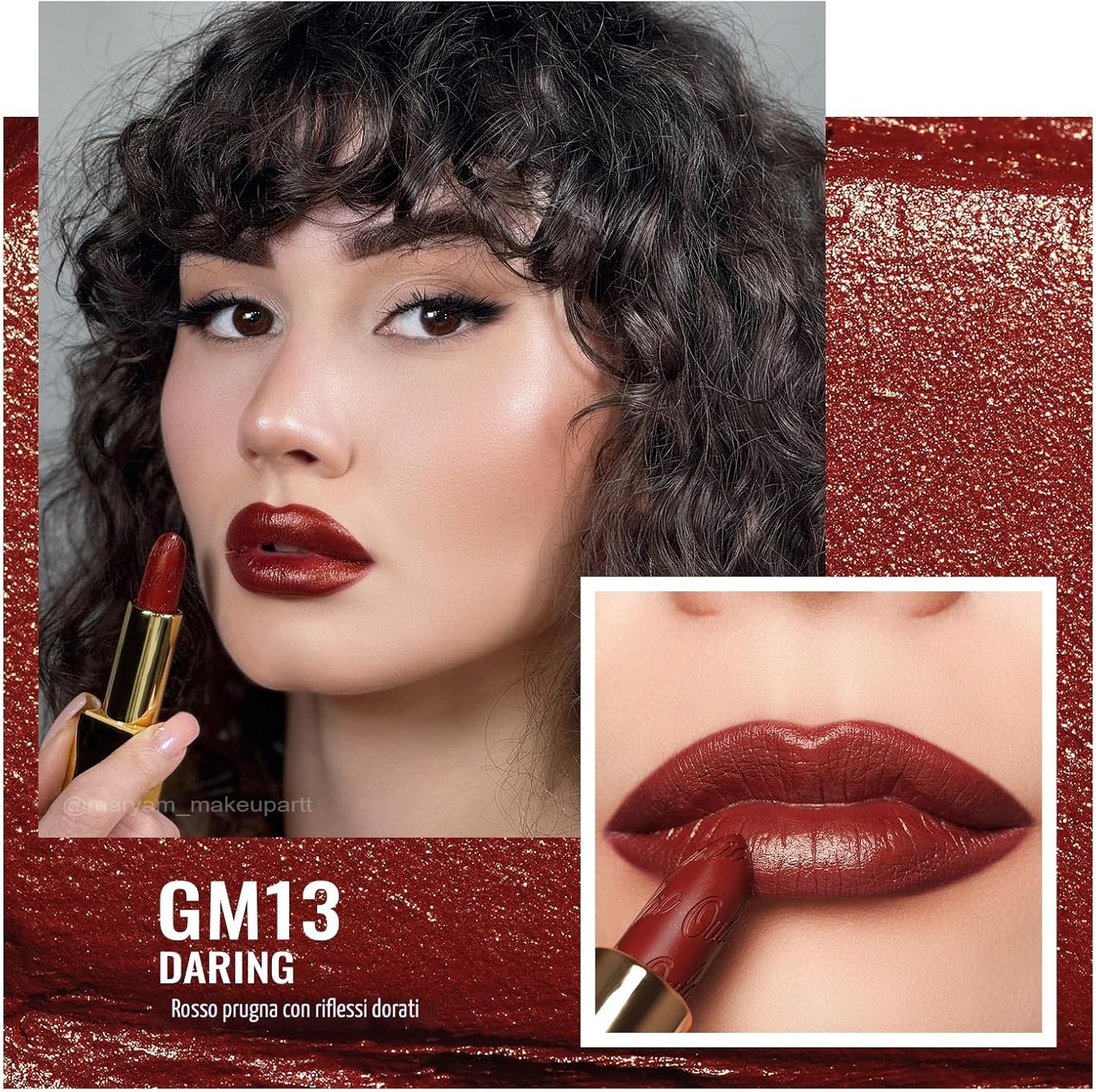 Detalle de OULAC Rossetto Opaco Finitura Metallica Matte Rossetti Rosso Prugna Glitterato GM13 Daring da 4,3 g