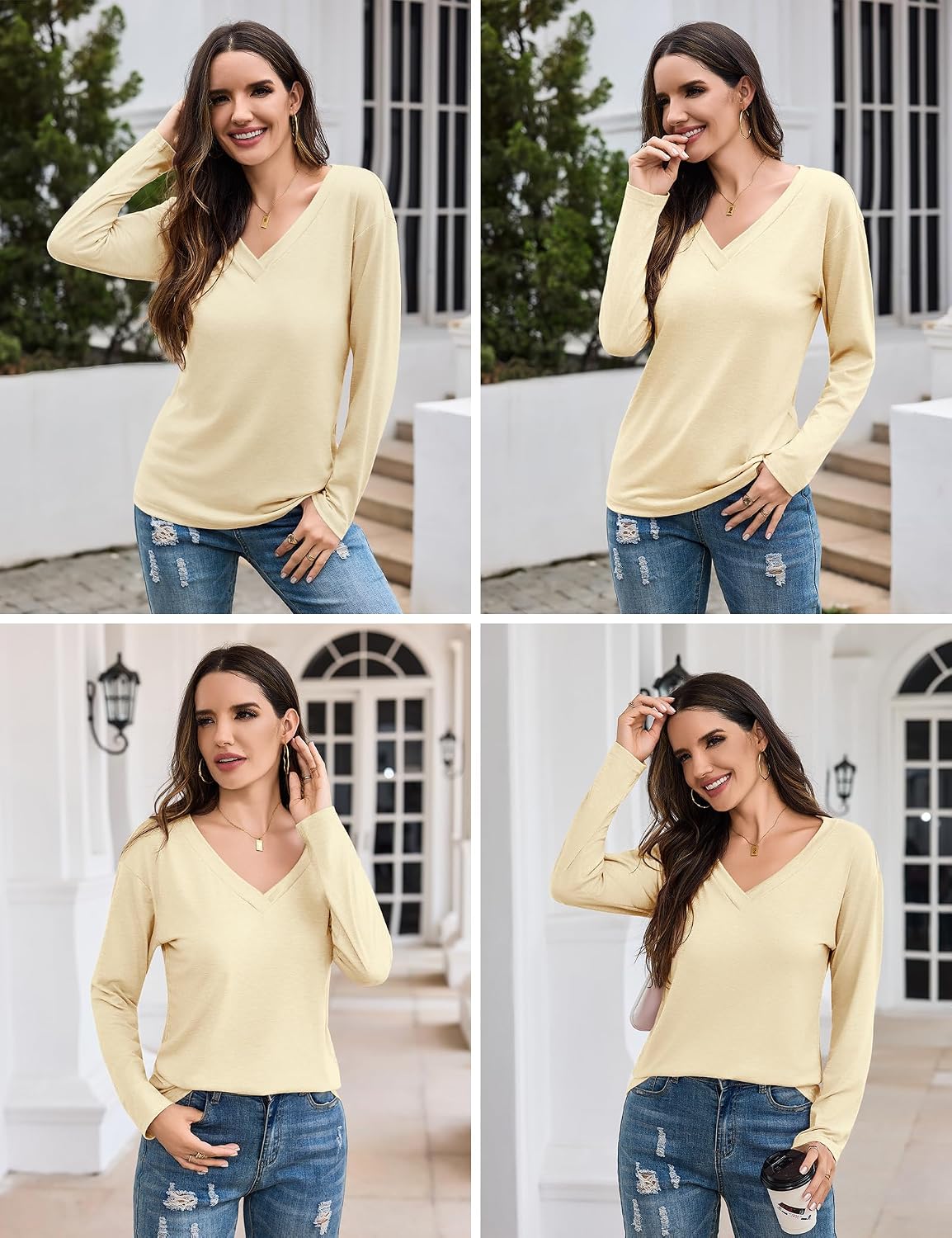 Detalle 2 de Aottori Camiseta Manga Larga Mujer Básica Cuello V