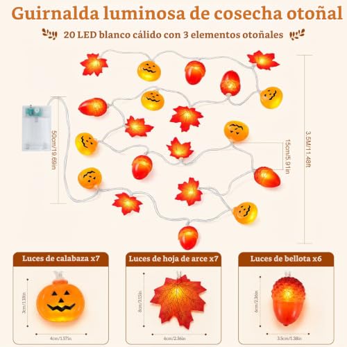 Detalle 2 de Liyade Guirnalda LED de otoño de 3 m con 20 LED, calabazas y temporizador
