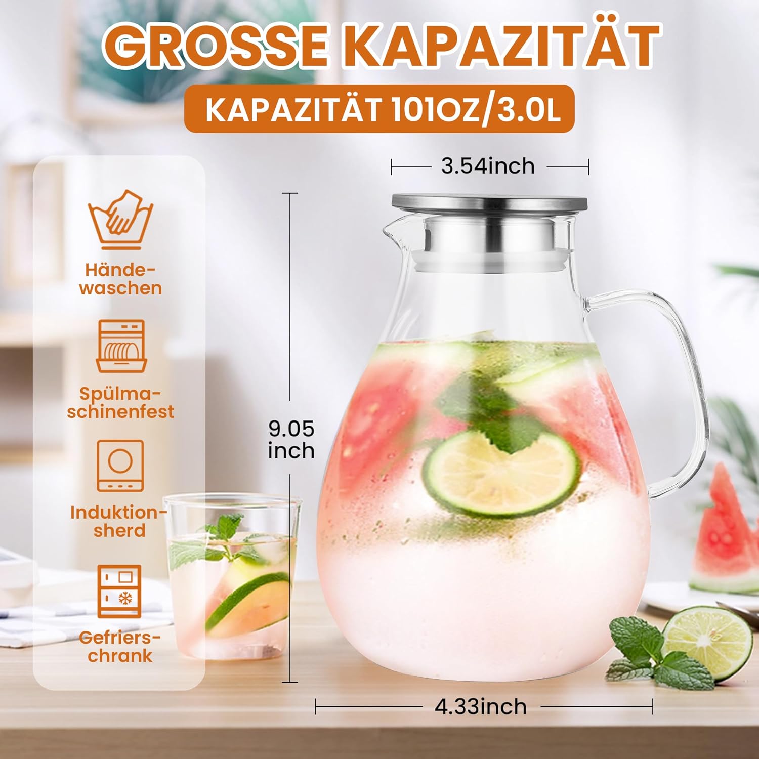 Thumbnail 1 de SUSTEAS Wasserkaraffe 3,0 Liter aus Borosilikatglas mit Deckel, breitem Griff & Reinigungsbürste