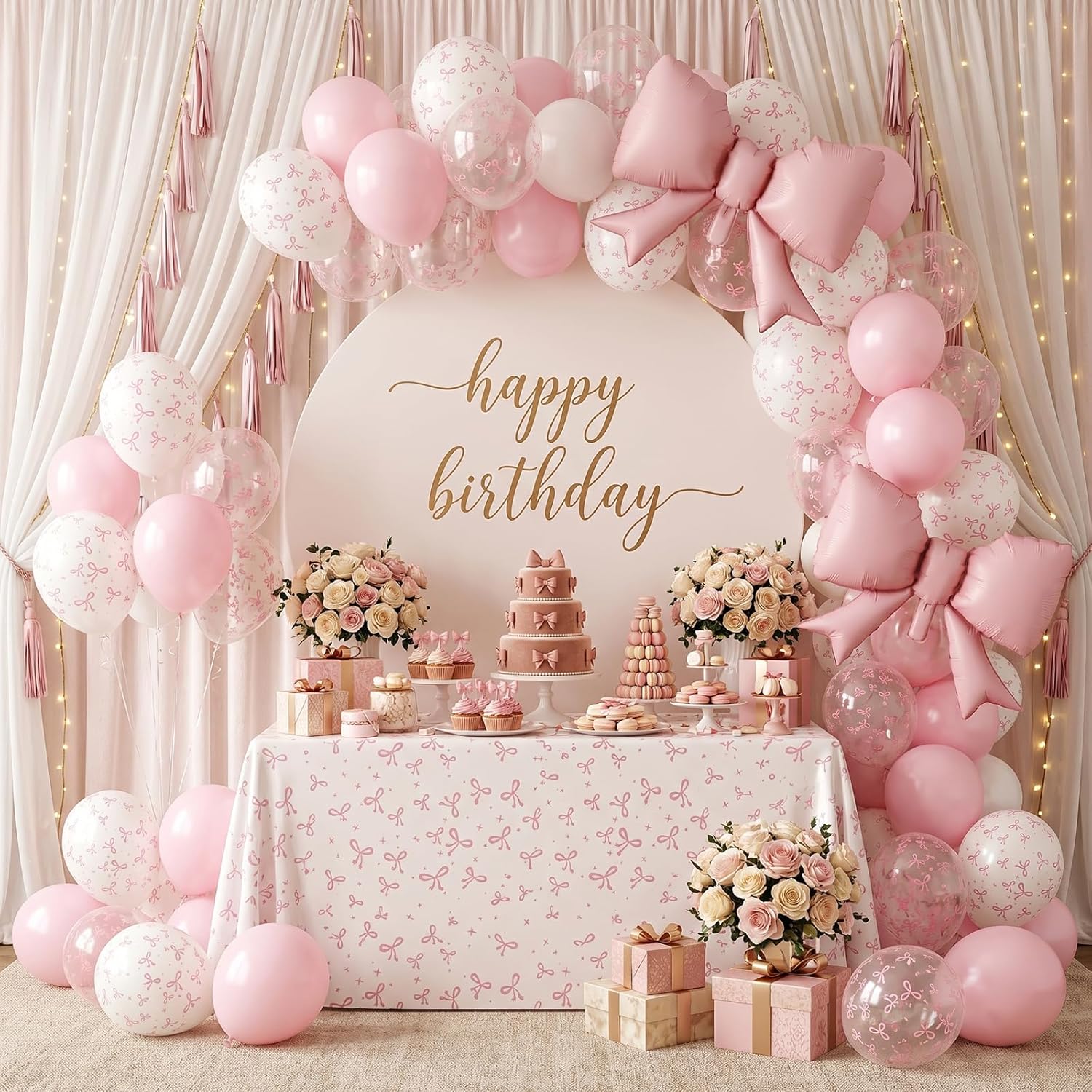 Detalle 2 de FEYG Pink Bow Balloon Set, 12-Inch Pink and White Balloons with Foil Bows