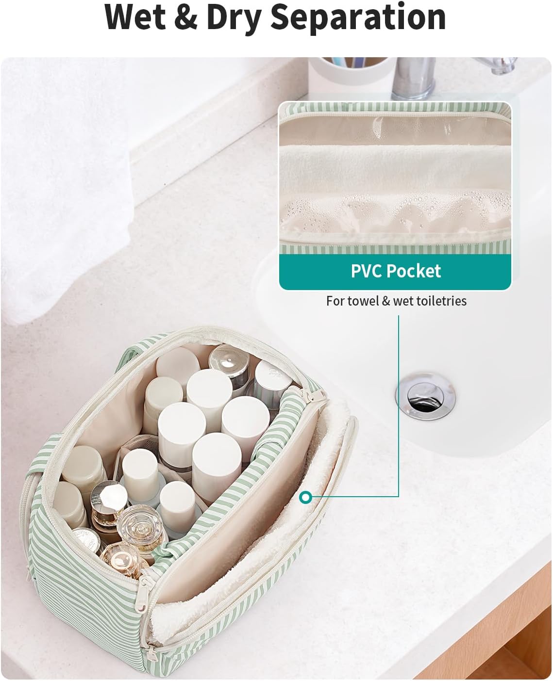 Detalle 2 de Narwey Large Toiletry Bag for Women (Mint Green Stripe): A Practical Travel Organizer
