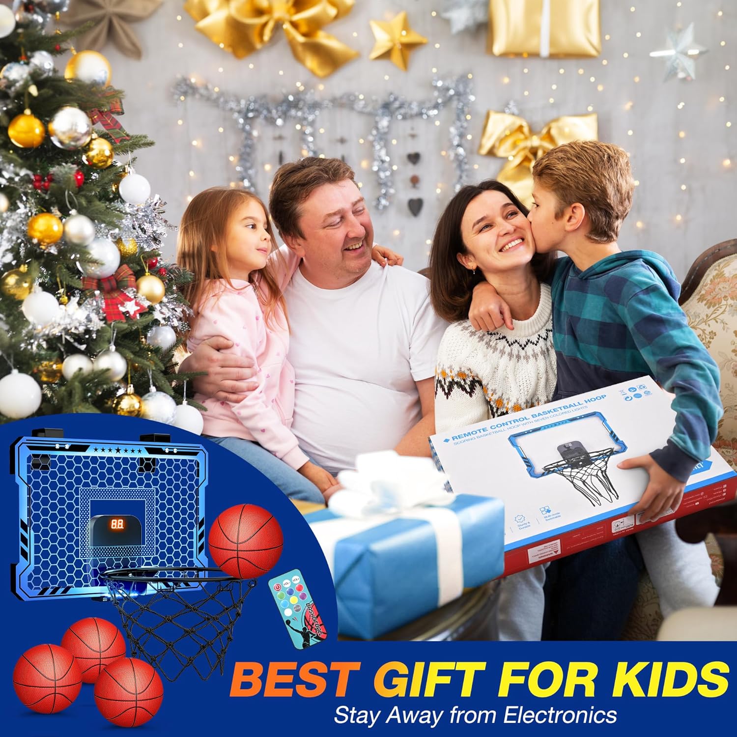 Detalle 2 de Ropoda Indoor Basketball Hoop with 7 LED Lights, Remote Scoring & 4-Ball Play (Mini Door Hoop)