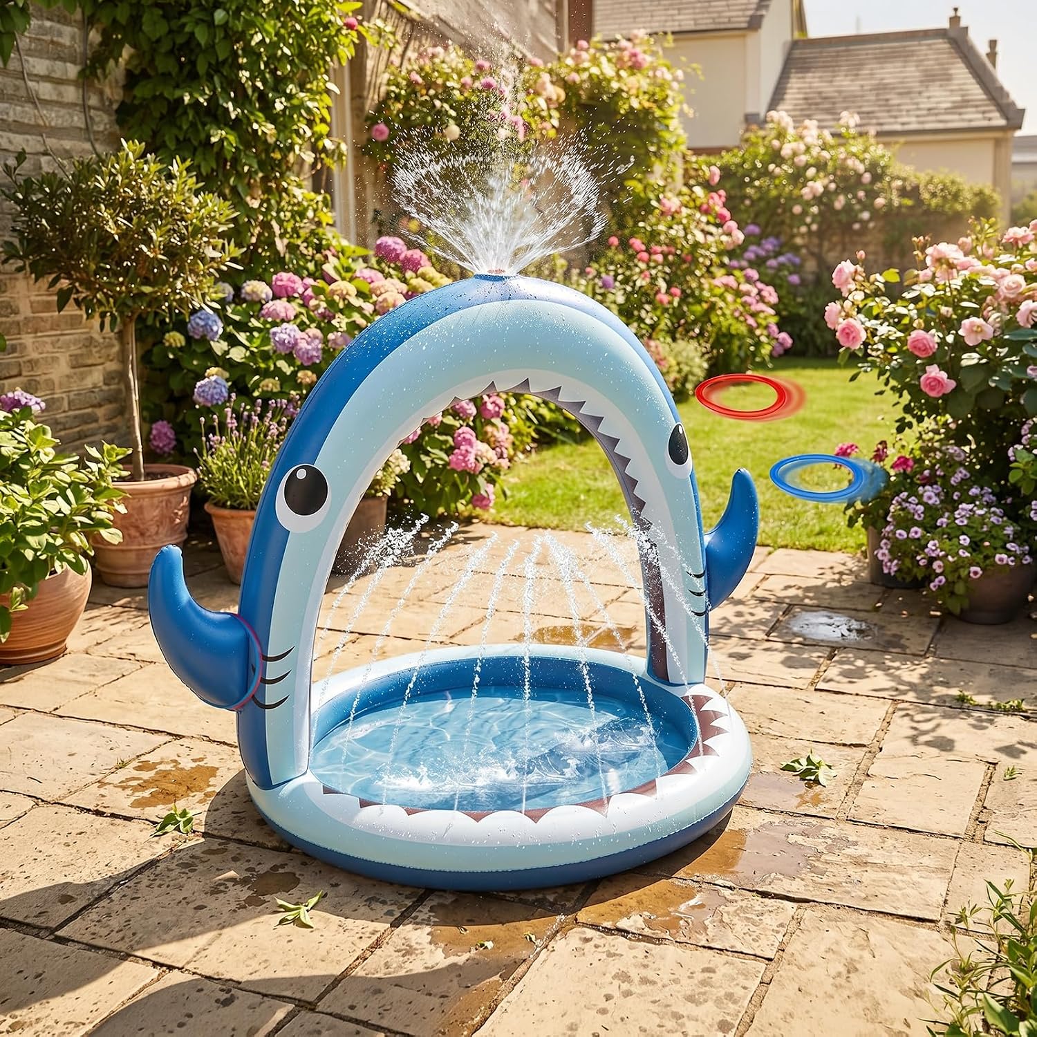 Thumbnail 1 de Gleamkid Splash Pad 4-In-1 Inflatable Shark Water Toys: A practical outdoor sprinkler with Ring Toss for UK summer fun