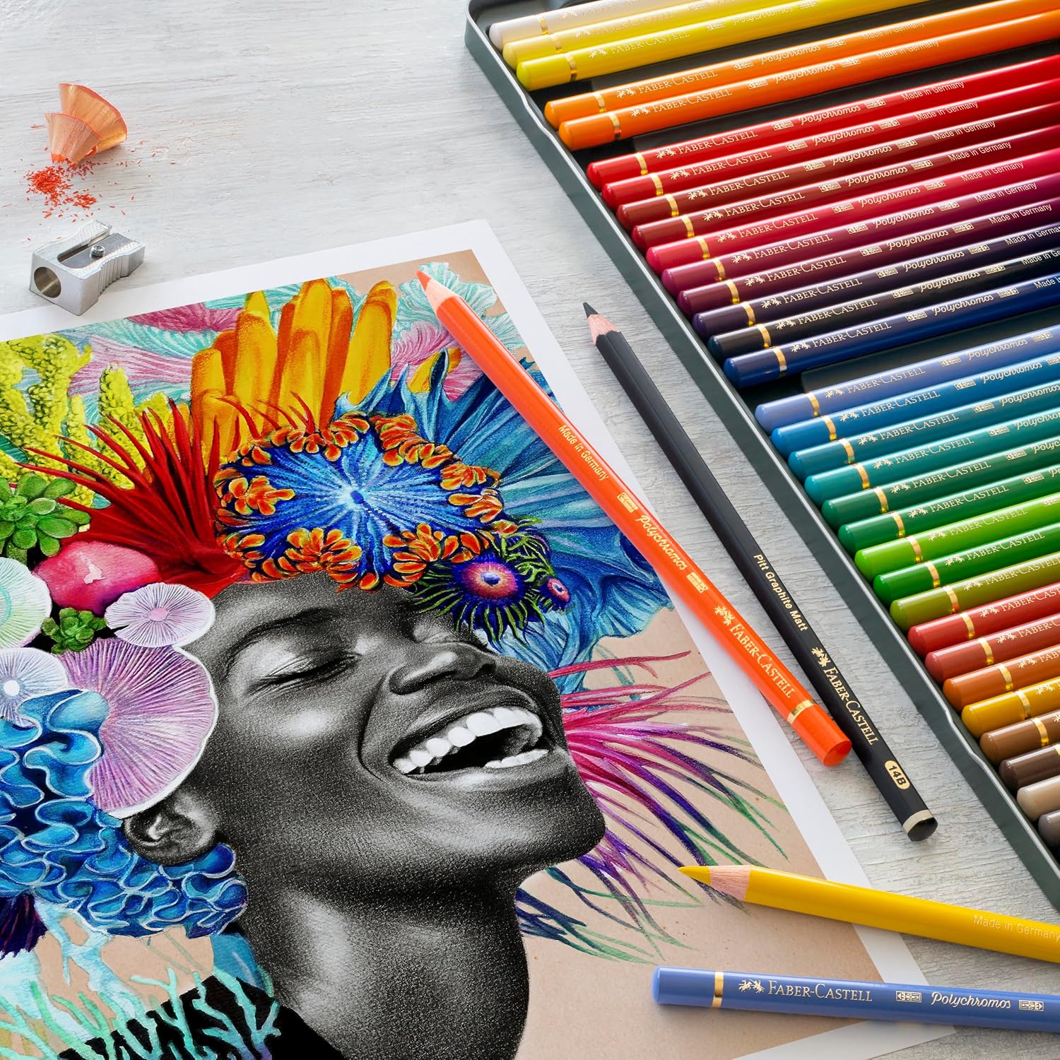 Detalle de Faber-Castell 110060 Polychromos, 60er Metalletui – hochwertige Farbstifte im edlen Metallbehälter