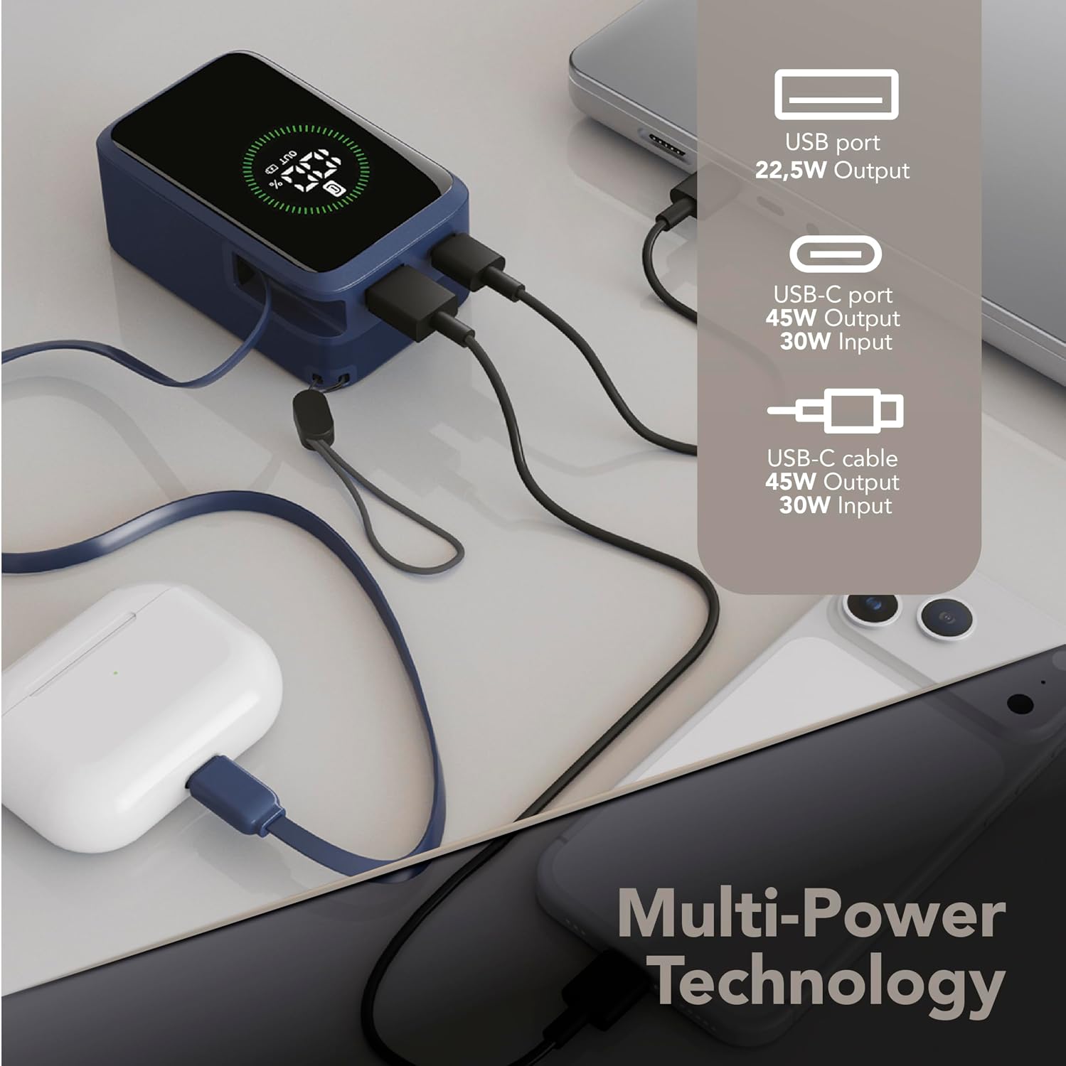 Detalle de Power Bank Roller 10.000 mAh di Cellularline – ricarica rapida 45 W, USB-C retrattile, display LCD