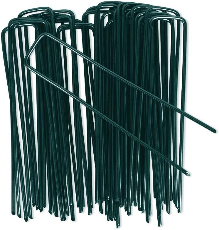 OUNUO 100 Picchetti Giardino per Telo Pacciamatura – Zincato, 150x25 mm, Ø3 mm – Verde