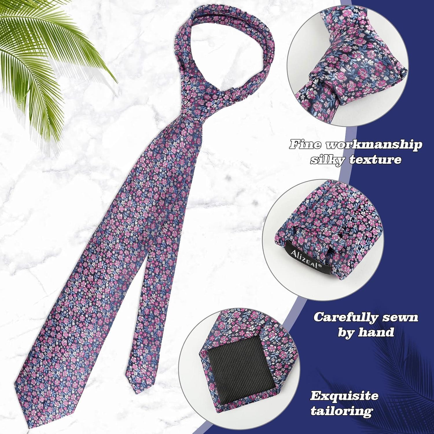 Thumbnail 3 de Alizeal Floral Patterned Wedding Tie with Pocket Square Set – 8cm Wide, Polyester