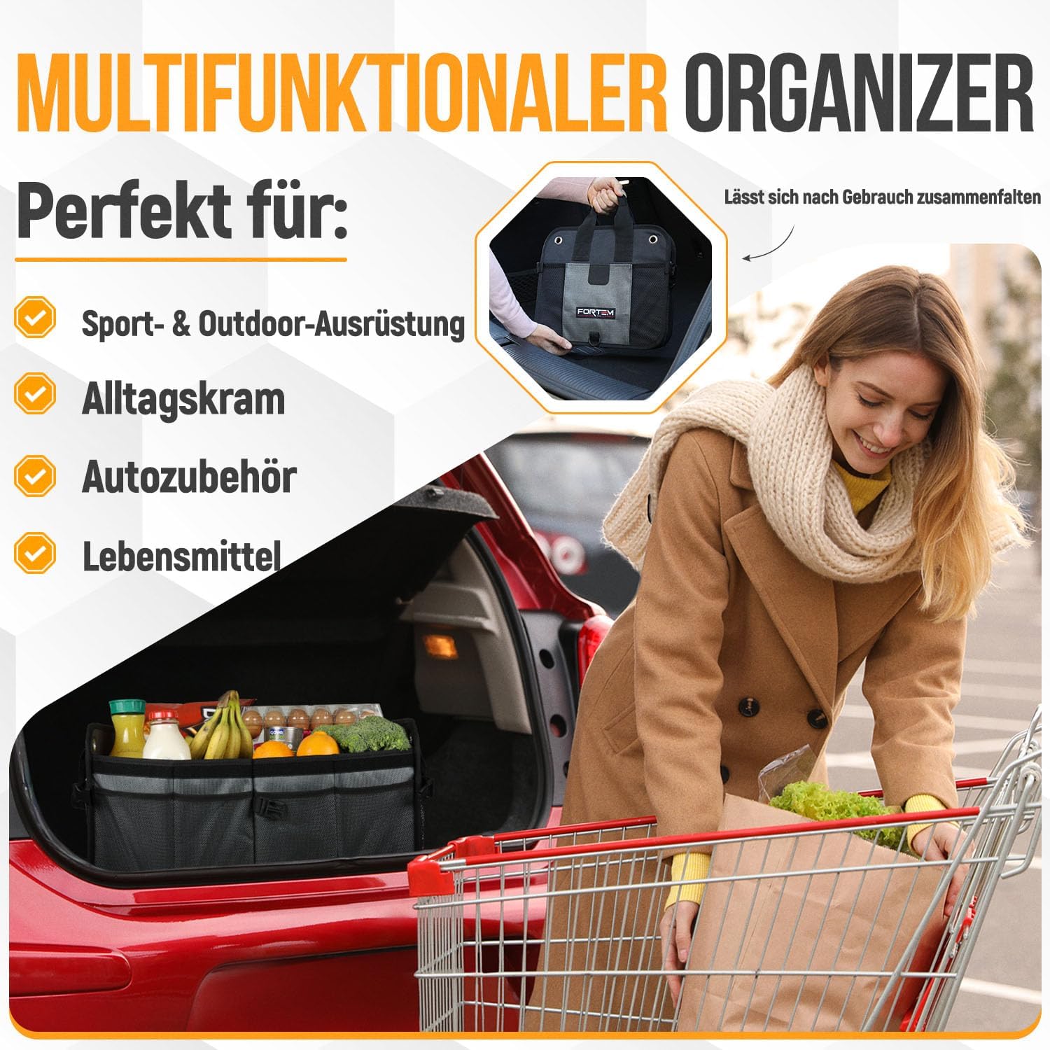 Detalle de FORTEM Kofferraum Organizer (klappbar) mit rutschfestem Boden, Seitentaschen und abnehmbarem Deckel – Grau, Groß