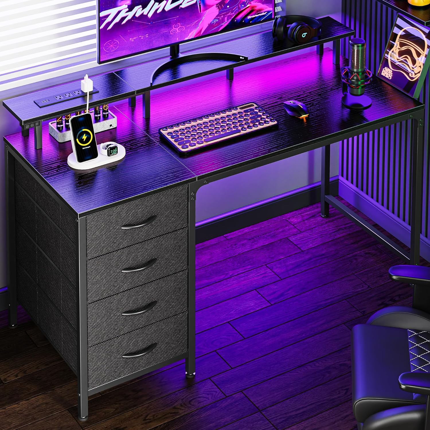 Huuger 47 Inch Computer Desk with Power Outlets and LED Lights (4 Drawers, Monitor Stand)