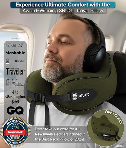 Detalle de SNUGL Travel Pillow, Adult Regular Memory Foam Neck Pillow, Olive Green