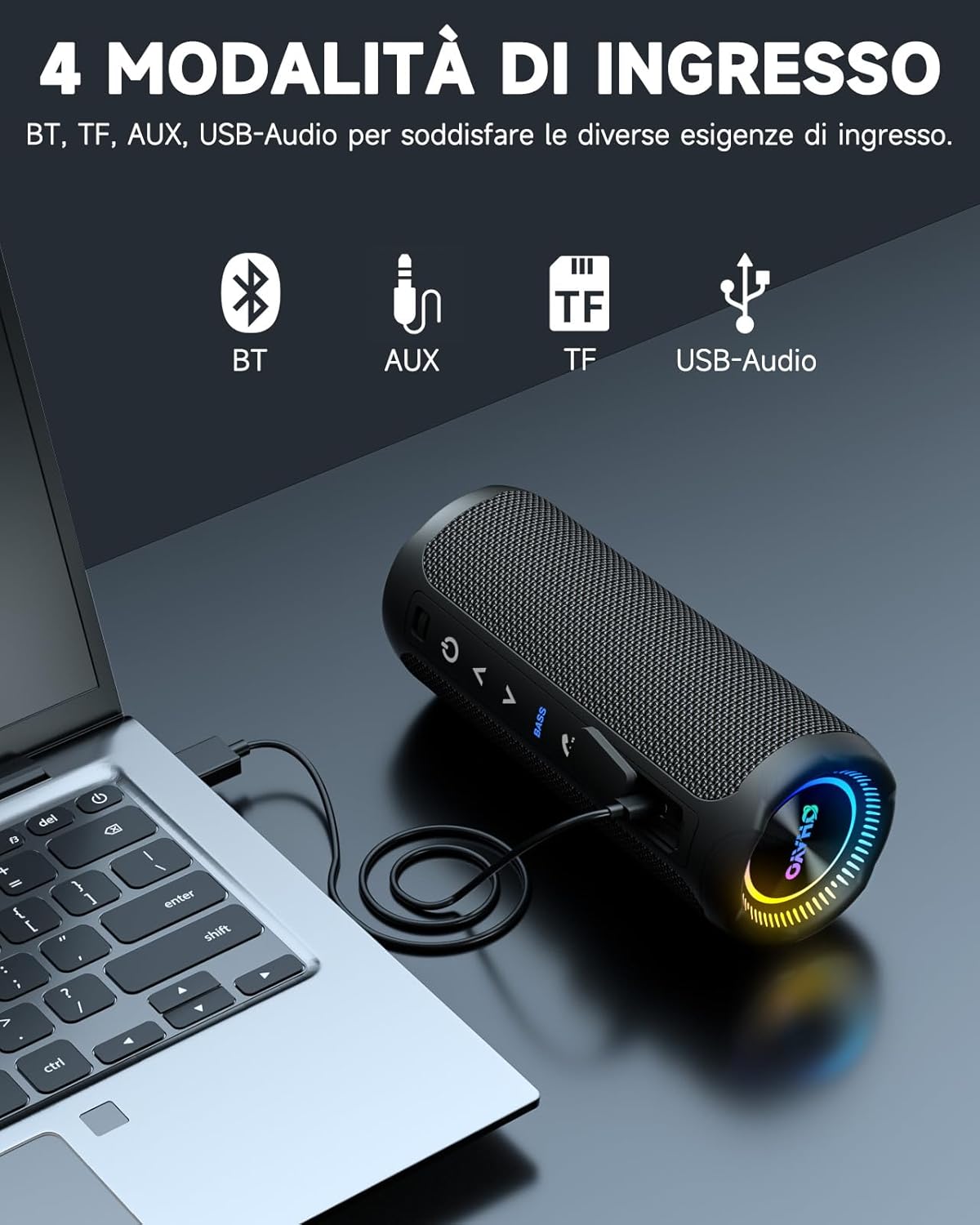 Detalle de OHAYO X10: Cassa Bluetooth Potente 25W con Doppio Driver, Luci RGB e IPX7