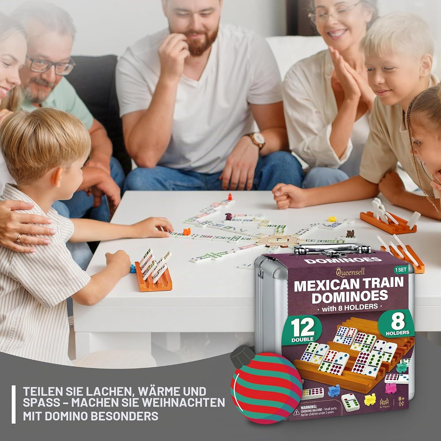 Thumbnail 6 de Queensell Mexican Train Domino-Set mit 8 Haltern – Doppel-12-Steine aus Holz, inkl. Nabe, Halter und Aluminiumschale