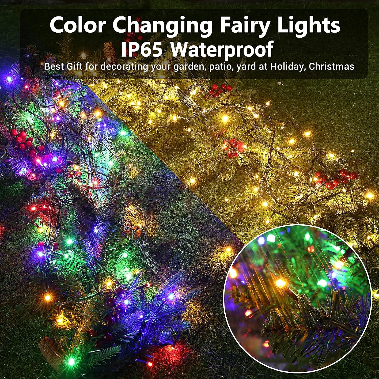 Detalle de Joomer 144FT Solar Christmas String Lights, 400 LEDs, 12 Modes, Color-Changing