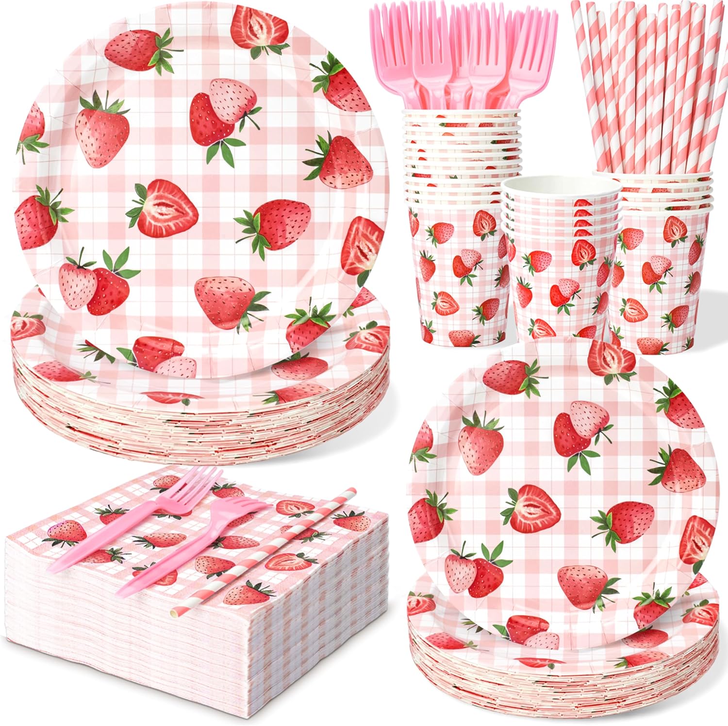 Detalle de Strawberry Plates and Napkins Set 144pc 🍓