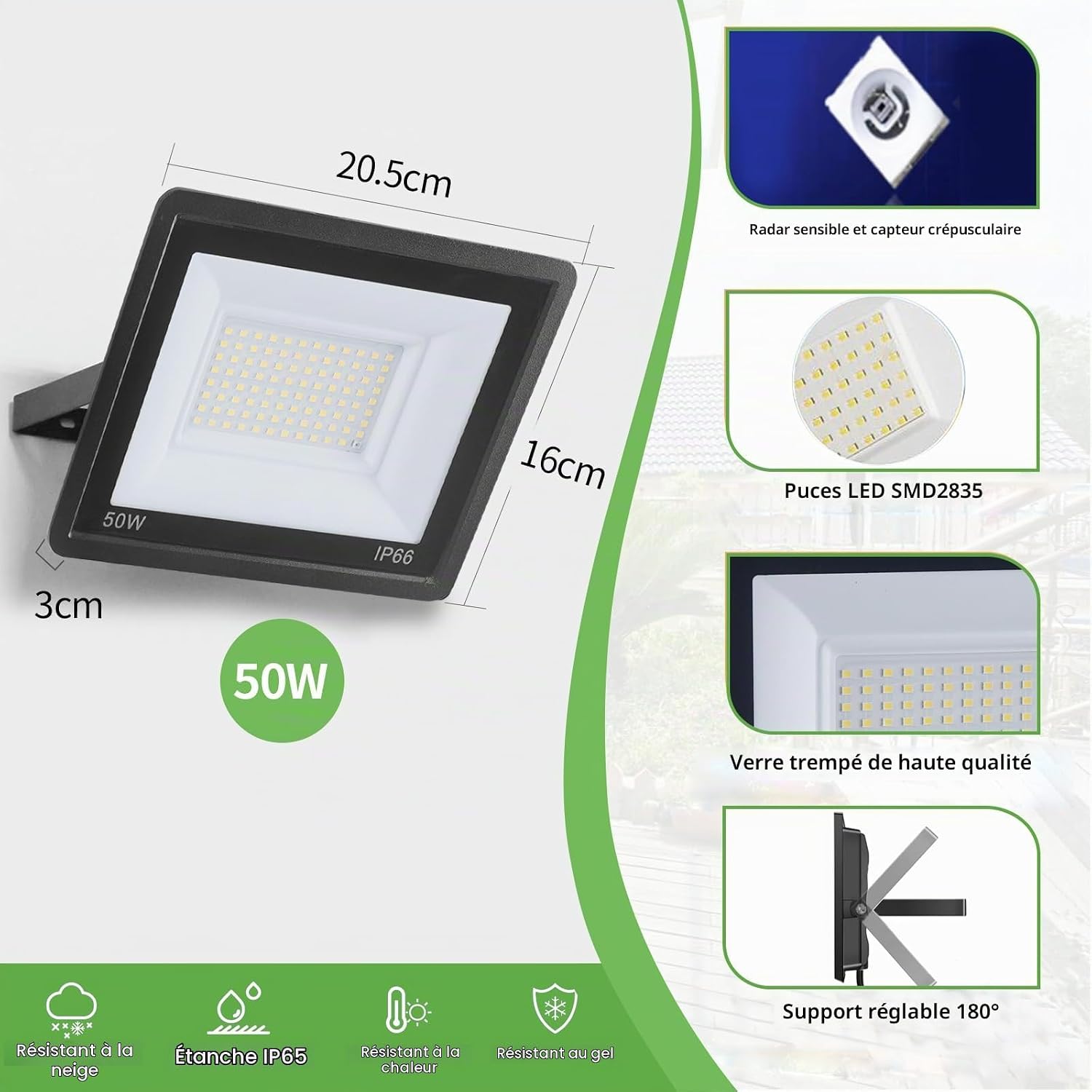 Detalle de JBdusn RD-LED led-buitenschijnwerper 50 W, 3.000 K, bewegingsmelder en IP66