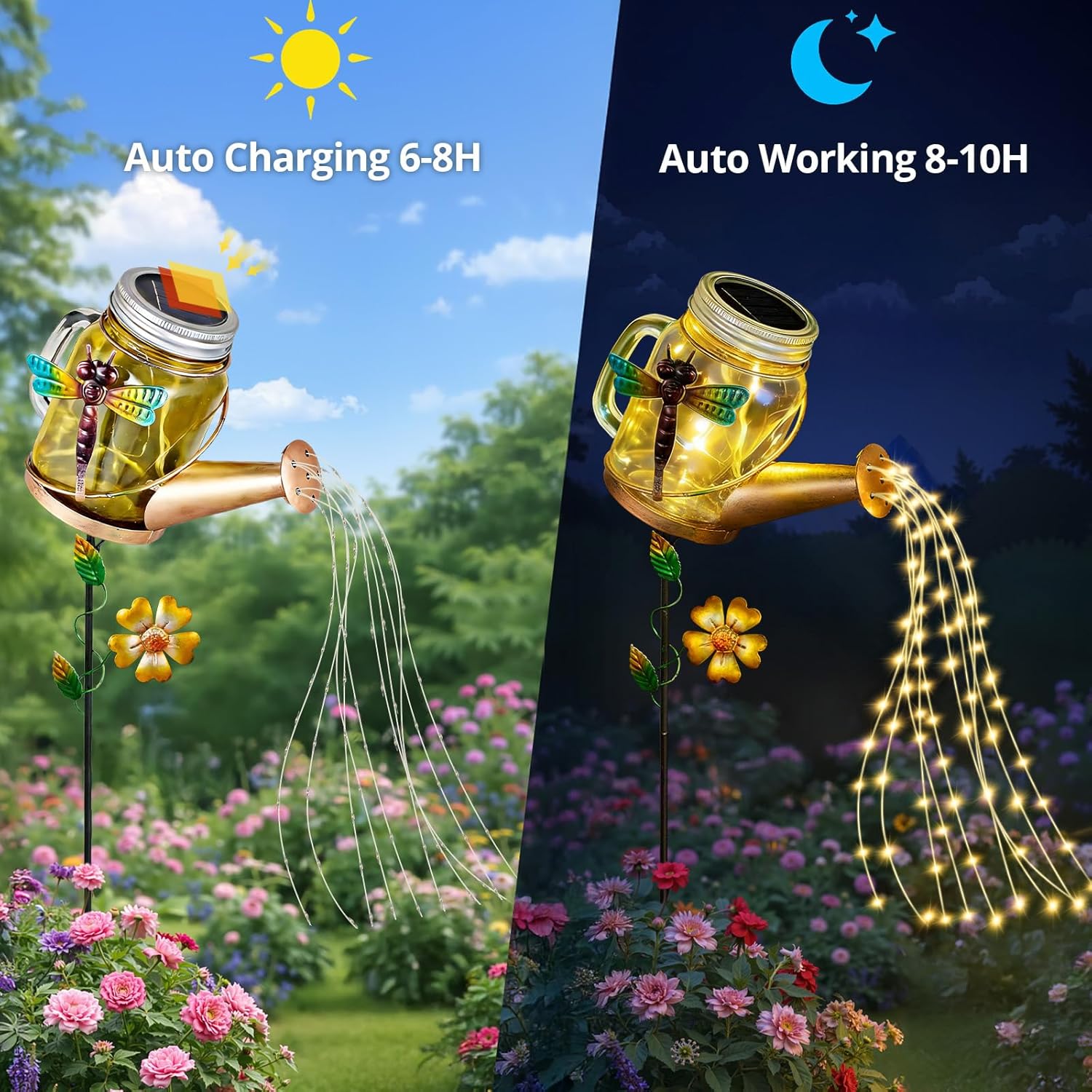 Thumbnail 1 de Solar Watering Can Lights Outdoor – Premium glass & metal solar garden ornament with LED string glow (IP65 waterproof)