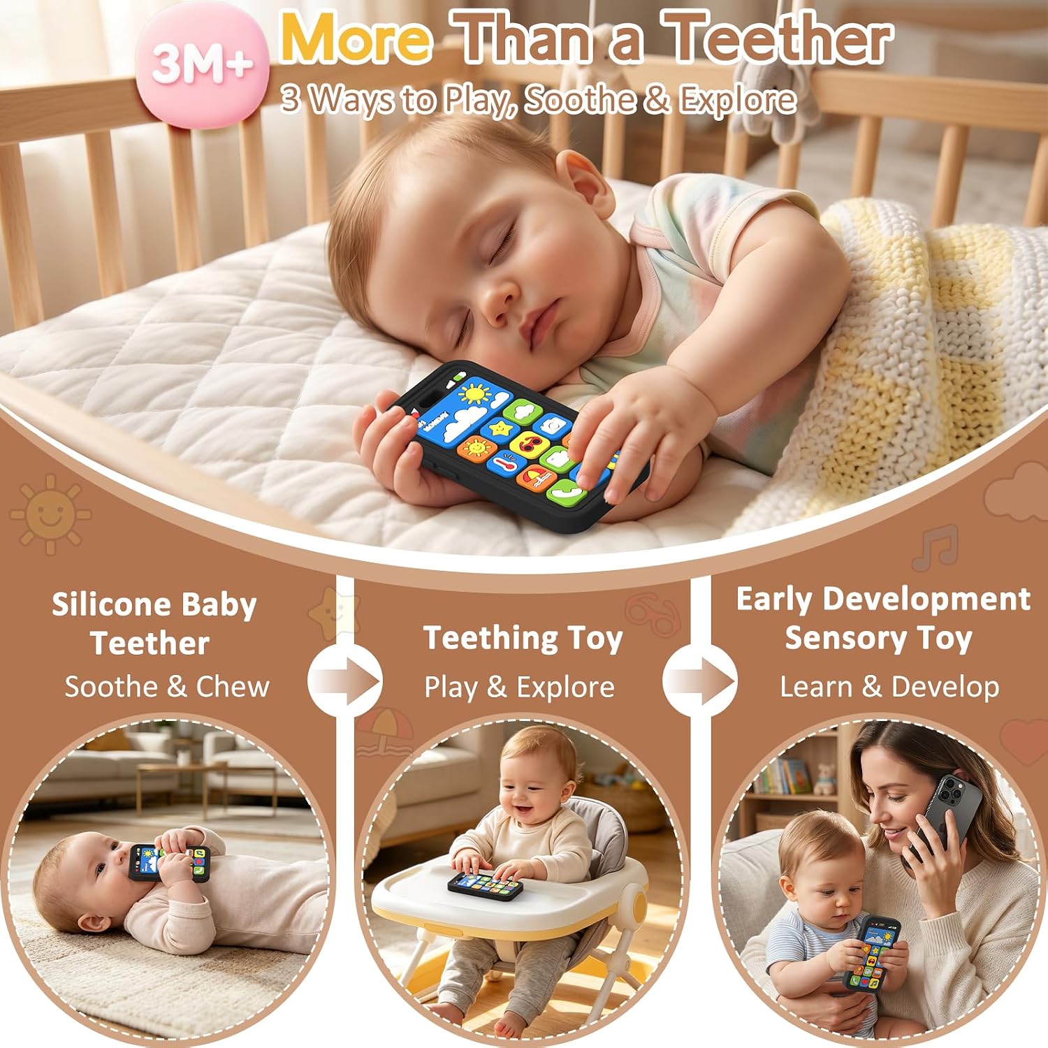 Detalle 2 de Wovinda Silicone Baby Phone Teether, BPA-Free Sensory Toy for 3+ Months