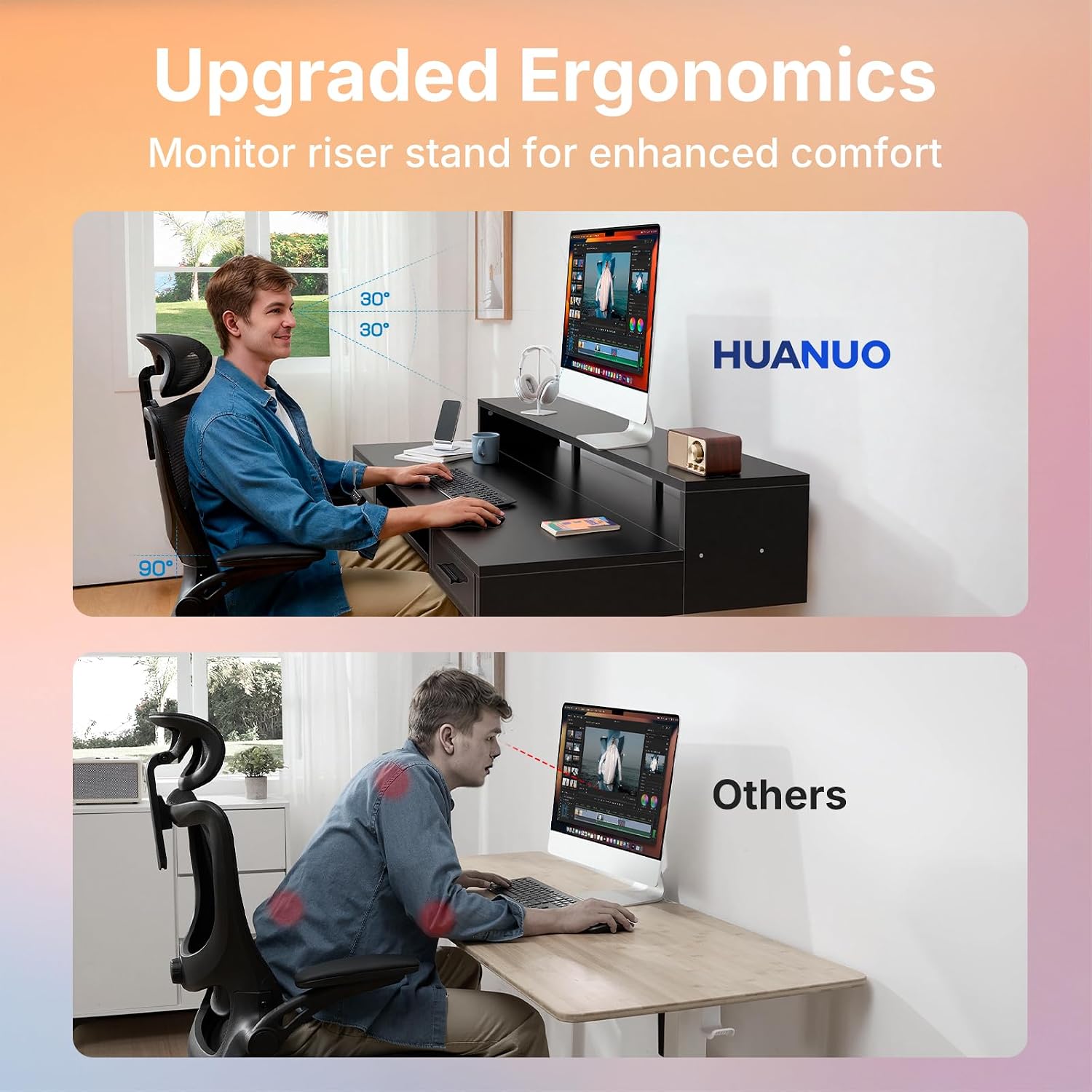 Detalle 1 de HUANUO 63″ x 26″ Electric Standing Desk with Drawers and Keyboard Tray