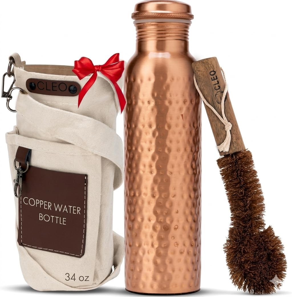 AVA DESIGNZ Hand Hammered Pure Copper Water Bottle 950 ml – leakproof BPA-free sports & gym bottle