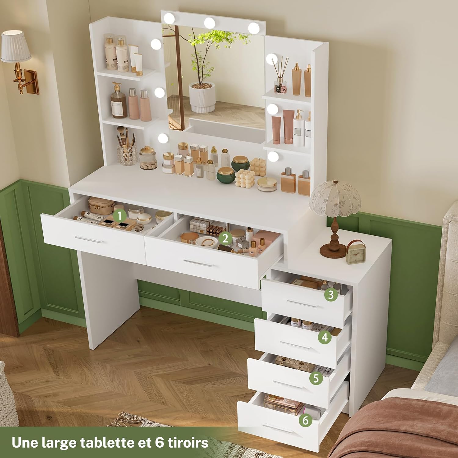 Detalle de TEENFON ENSTA031WD-ZF Vanity Table with Mirror, Lighting and 6 Drawers
