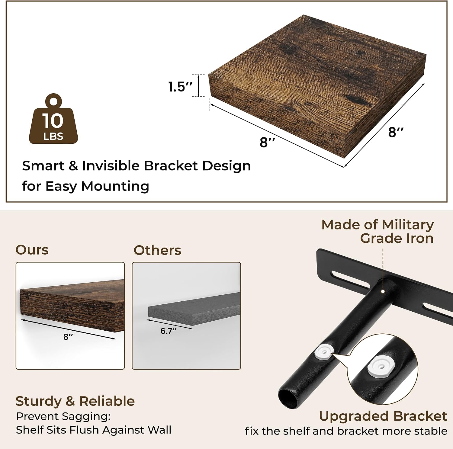 Thumbnail 2 de RICHFOCUS 8 Inch Floating Shelves Set of 4: Rustic Wall Shelves with Invisible Brackets