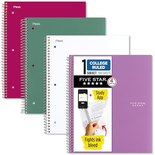 Five Star Spiral Notebook + Study App, 4-Pack (100 Sheets, 1 Subject) – College Ruled, Water-Resistant Cover