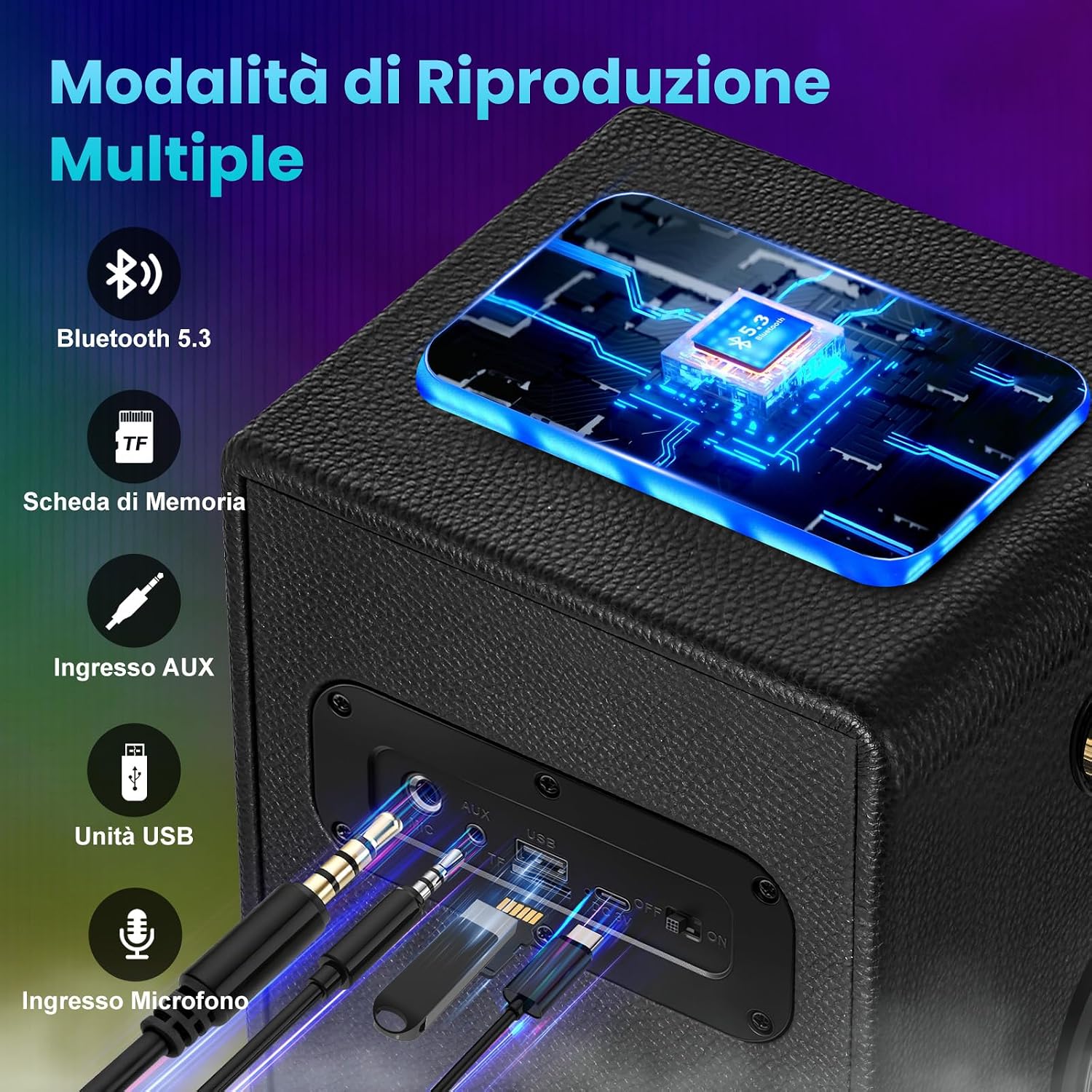 Detalle de TAMPROAD Q101: Altoparlante Bluetooth 120 W con TWS, legno e luci LED per feste all'aperto