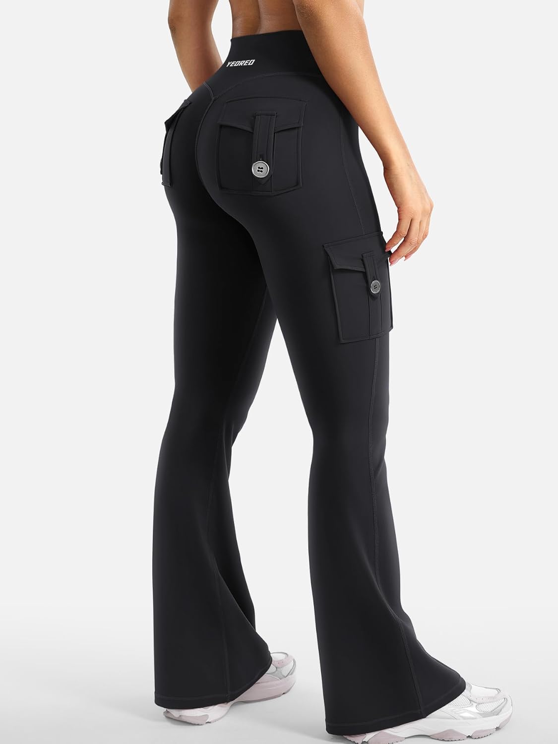 Detalle de YEOREO CoreFlex Damen Flare Leggings mit 4 Taschen, High Waist und Invisible Scrunch (seamless, blickdicht)