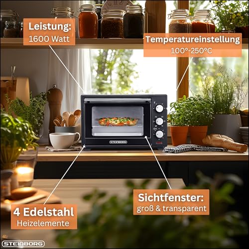 Detalle 2 de STEInBORG Mini Backofen 25 Liter – 3in1 Ofen mit Ober-/Unterhitze, Konvektion und Timer