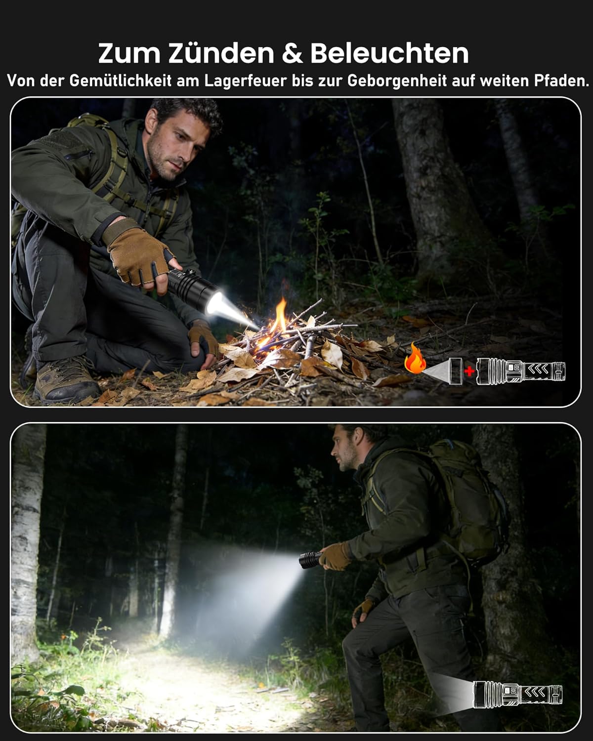 Detalle de Shadowhawk S1989 LED-Taschenlampe, 6000-mAh Akku, aufladbar (USB-C), mit Zündfunktion für Survival & Outdoor