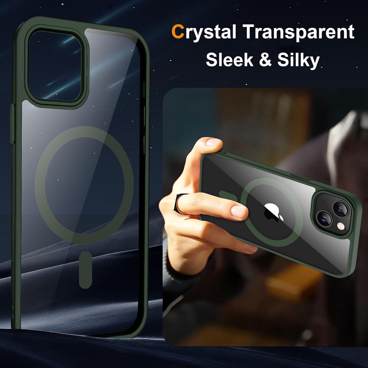 Detalle de ORETECH Magnetische Hülle für iPhone 15 Plus (6,7 Zoll) mit Mag-Safe & 2× Schutzfolie + Kameraschutz – stoßfest, kratzfest, transparent in Grün