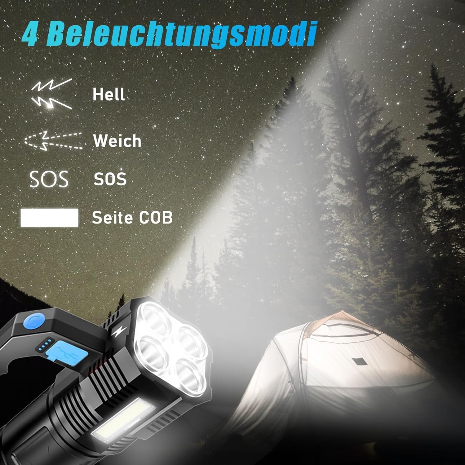 Thumbnail 6 de GUODSKHOO rechargeable LED flashlight torch with COB lantern, waterproof design and 4 modes