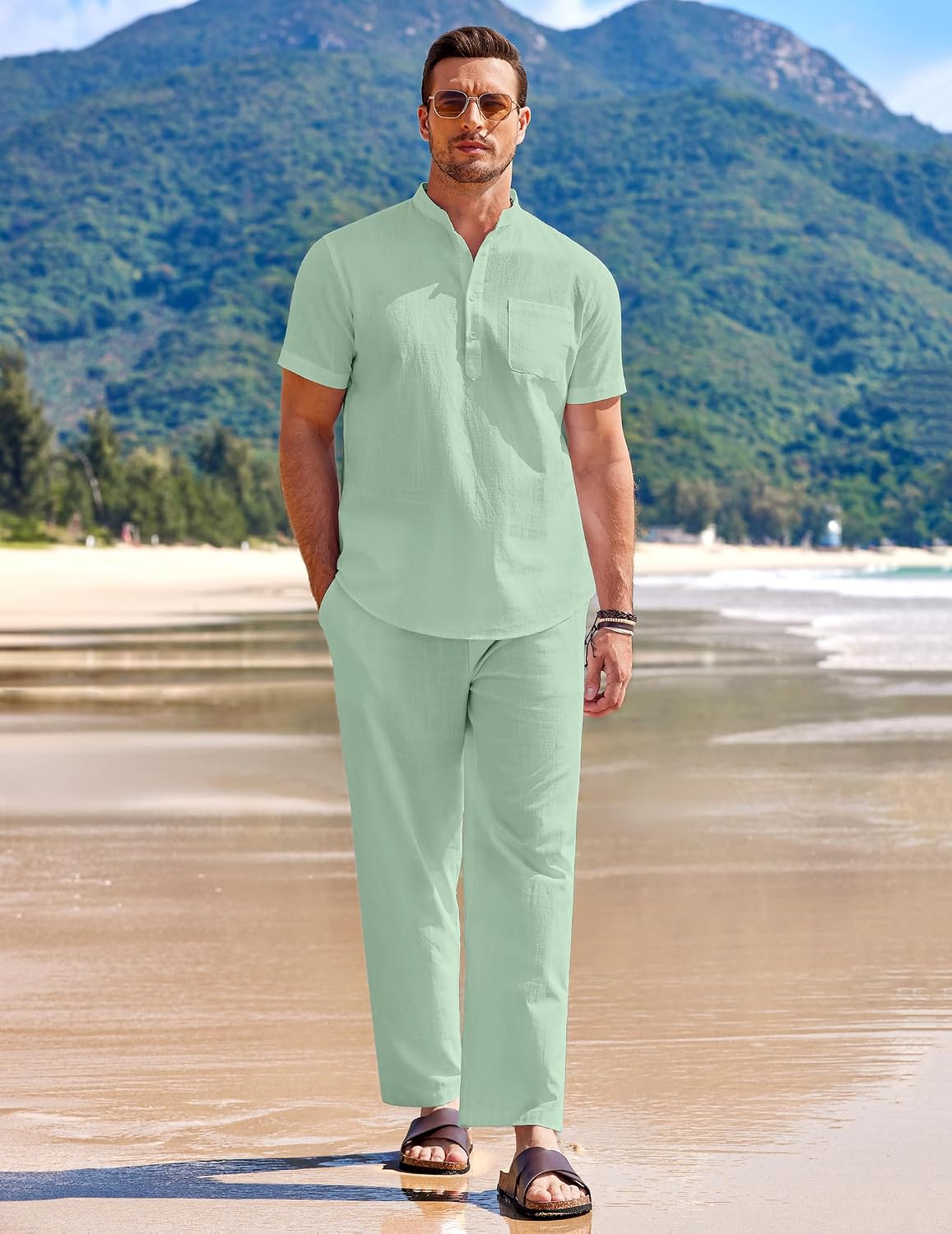 Thumbnail 6 de COOFANDY Men's 2-Piece Cotton Linen Set: Casual Beachready Comfort, Short Sleeve Henley Shirt + Loose Pants