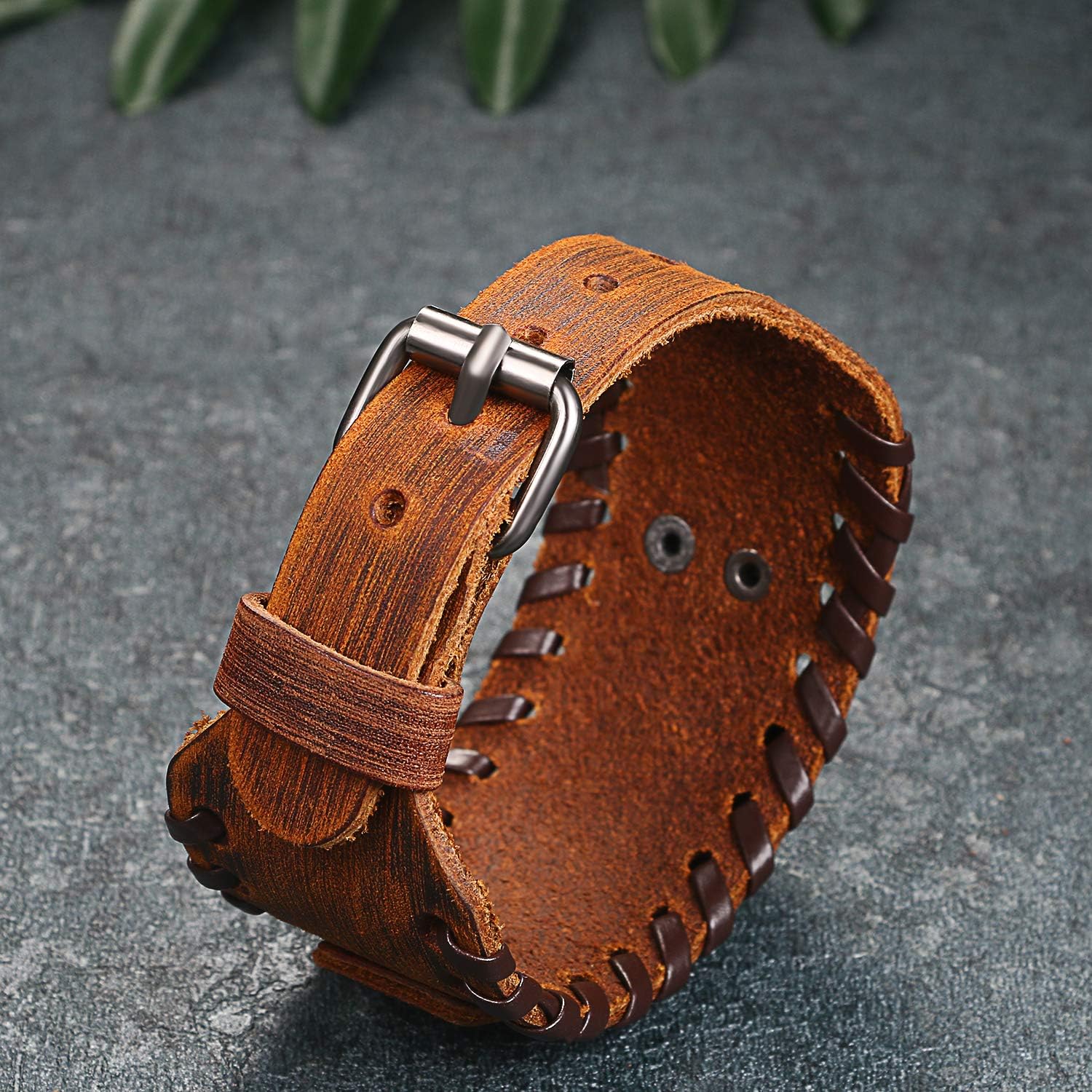 Detalle de Cupimatch Herren Leder Armband Breites Wickelarmband Geflochten – Verstellbar, Braun/Schwarz