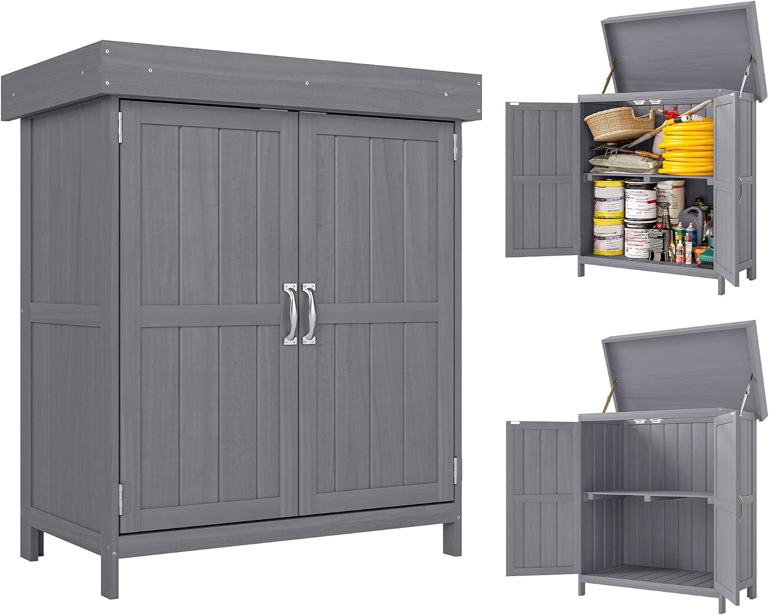 Detalle de Outsunny 845-212 tuinkast met dubbele deur, grijs, in massief grenenhout