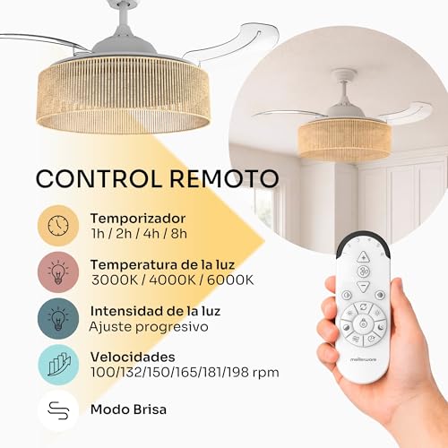 Detalle de Mellerware Brizy Bright: ventilador de techo con luz y lámpara bronce rattan sand, 3 aspas, 106 cm