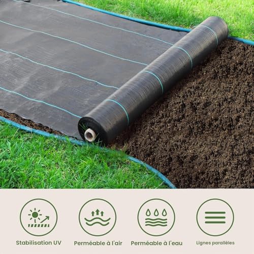 Detalle de OUNUO Toile de Paillage Géotextile 2 m x 25 m – 90 g/m², Antimauvaises Herbes, résistant UV et perméable