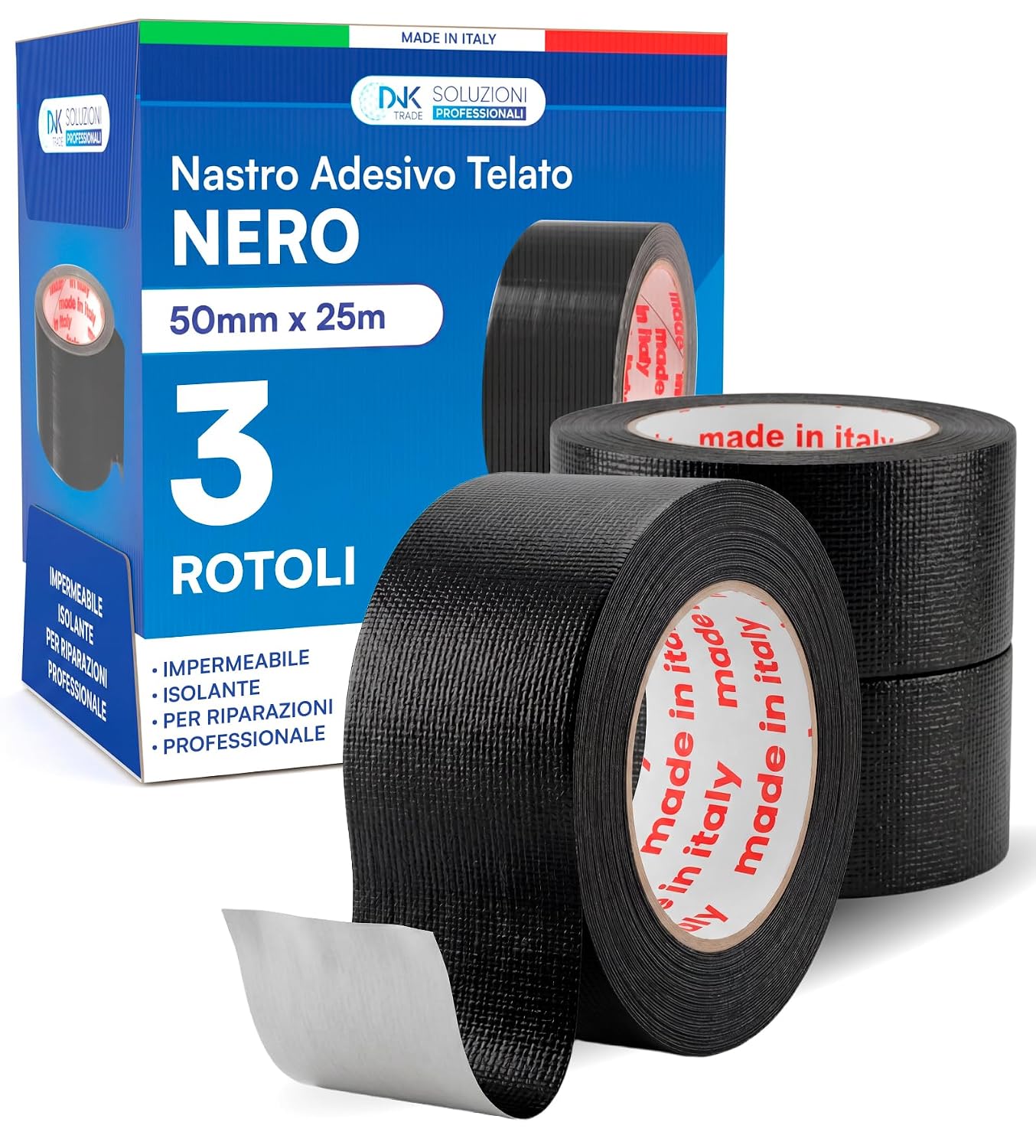 Detalle de DNK TRADE Nastro Adesivo Telato Americano 50mm x 25m – Nero, Impermeabile e Multisuperficie (3 Rotoli)