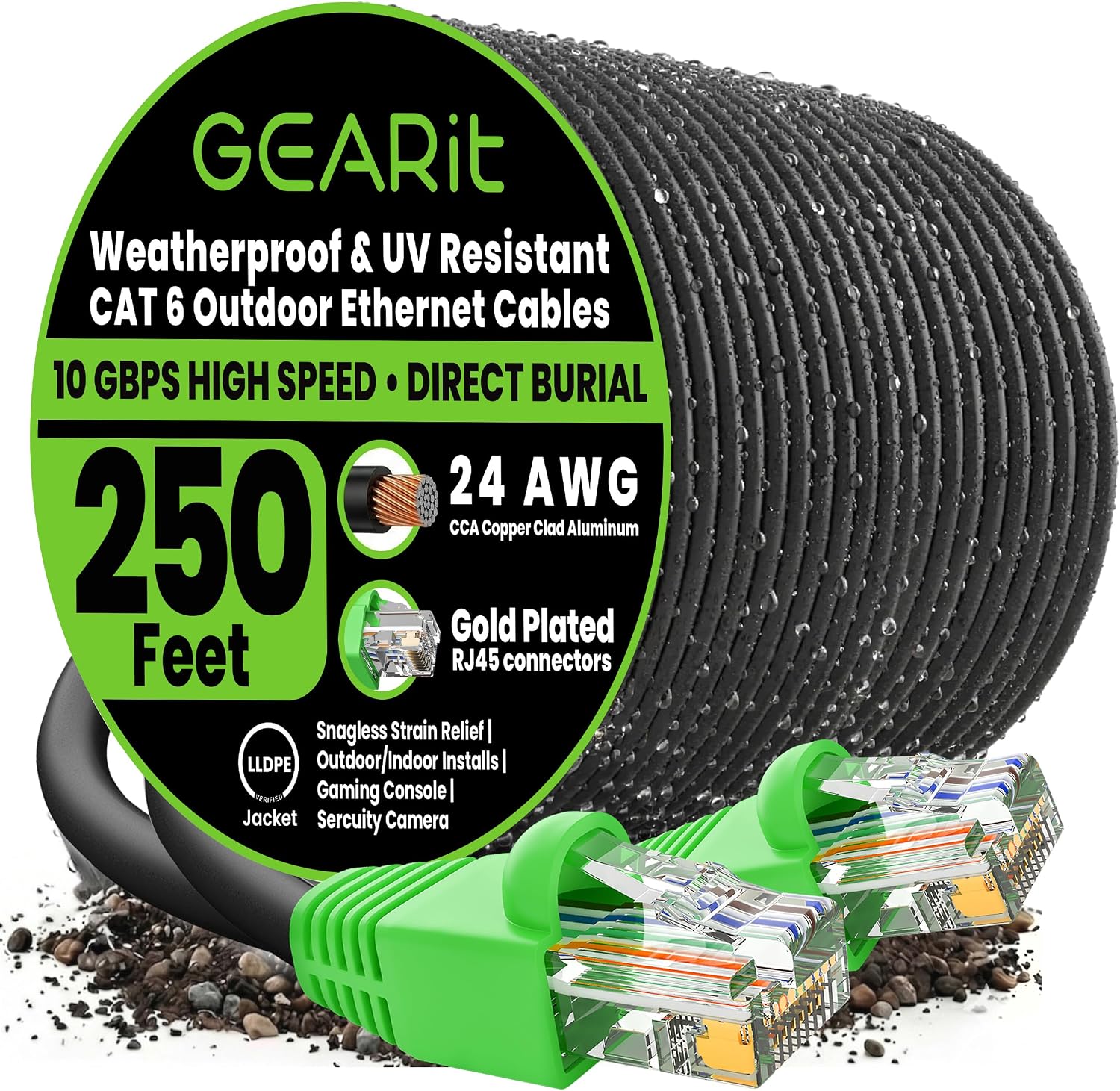 Detalle de GEARit GI-CAT6-CCA-OUT-LDPE-BK-250F Outdoor Cat 6 Ethernet Cable, 250 ft