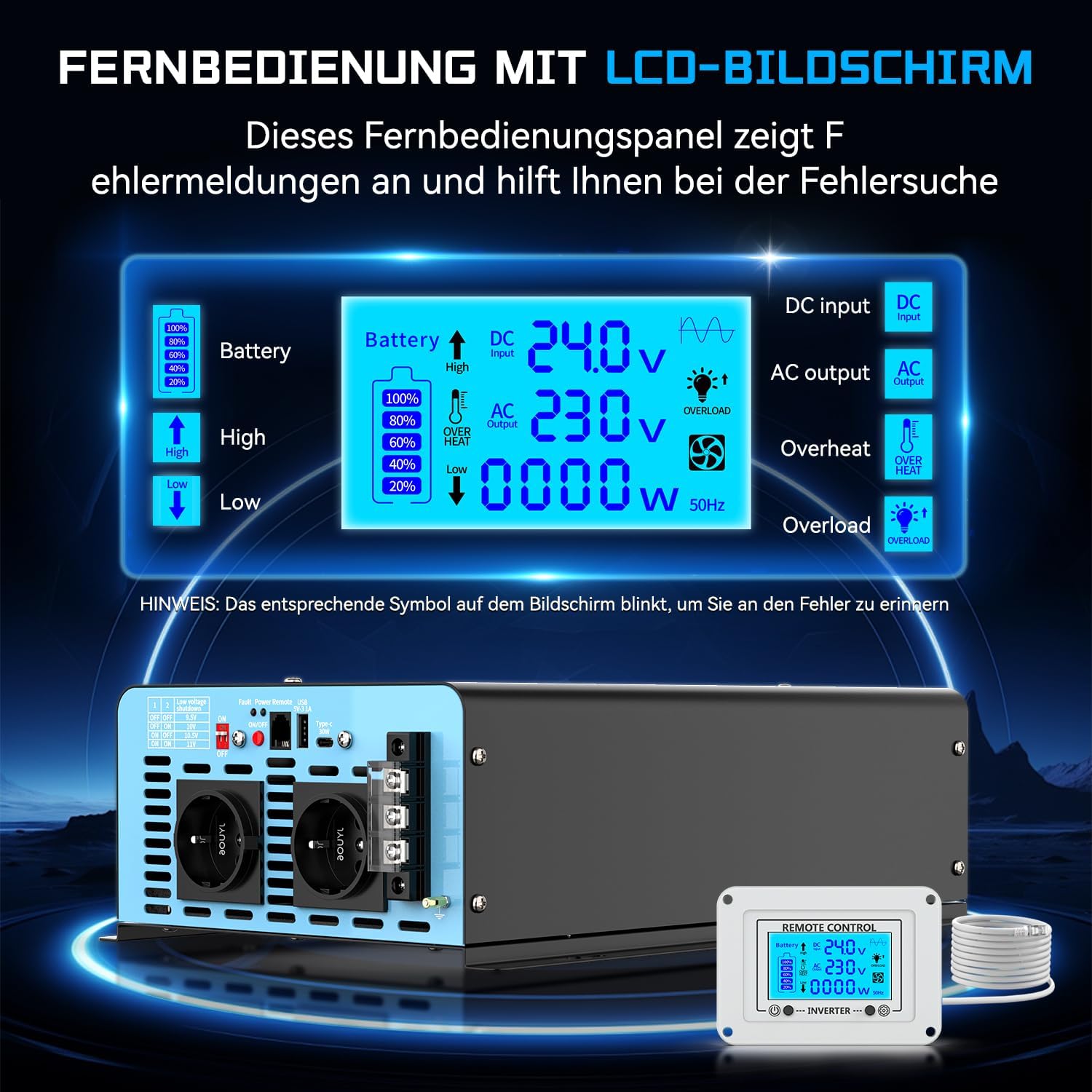 Detalle 2 de OLTEANP 2500W Convertidor 24V a 230V 🔌