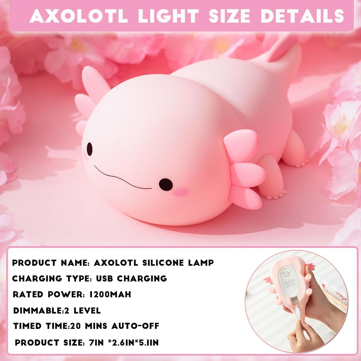 Detalle 1 de HAPPYBAG Axolotl Silicone Night Light, Two Warm Light Settings, Timer