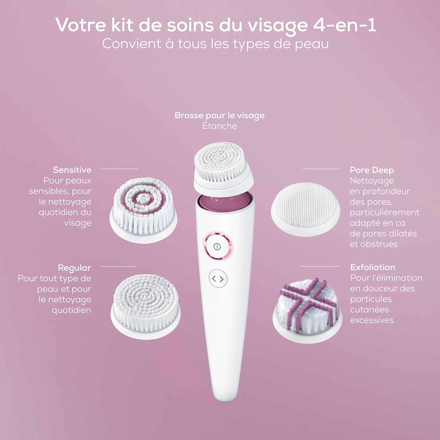 Detalle de Beurer FC 95 — Brosse nettoyante visage électrique à 4 embouts, waterproof, rechargeable