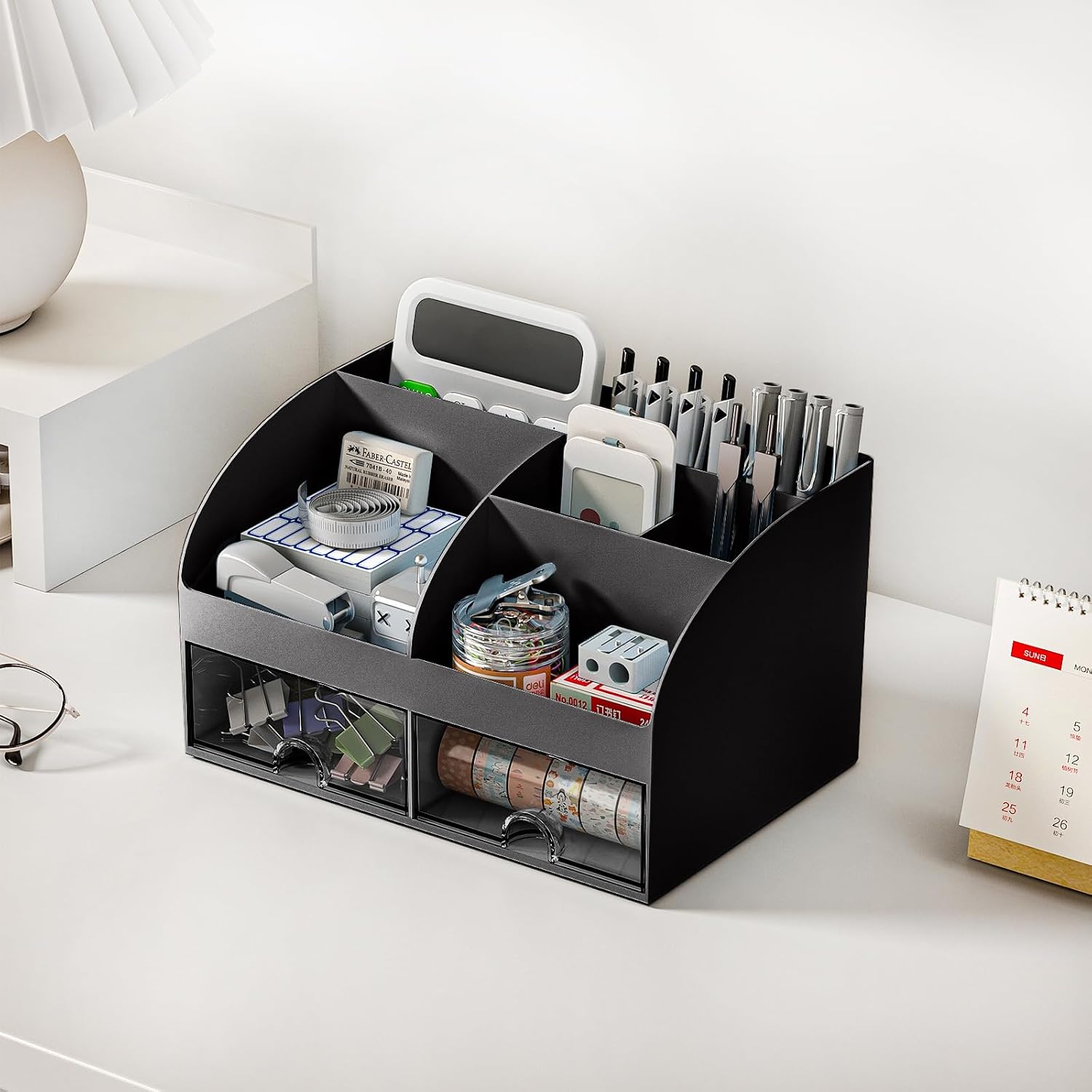 Detalle de COMFYROOM Desktop organizer with 6 Compartments, 2 Drawers, Black Plastic