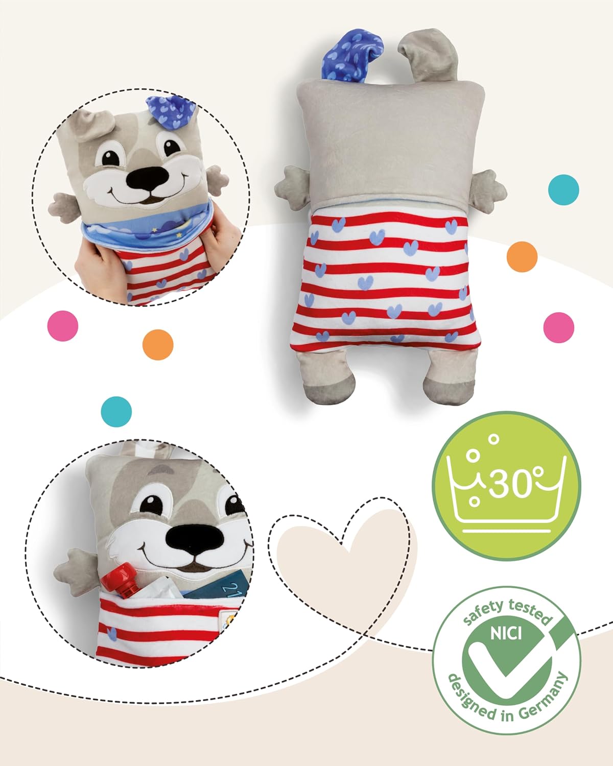 Detalle de NICI Cosidoo Kuscheltier Hund mit Wendefunktion 30x20 cm, grau (62291) – weiches Plüschtier zum Kuscheln & Spielen