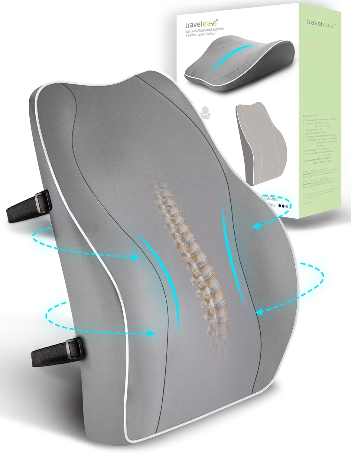 Travel Ease Cuscino Lombare Ergonomico in Schiuma di Memoria con doppie cinghie regolabili (grigio)